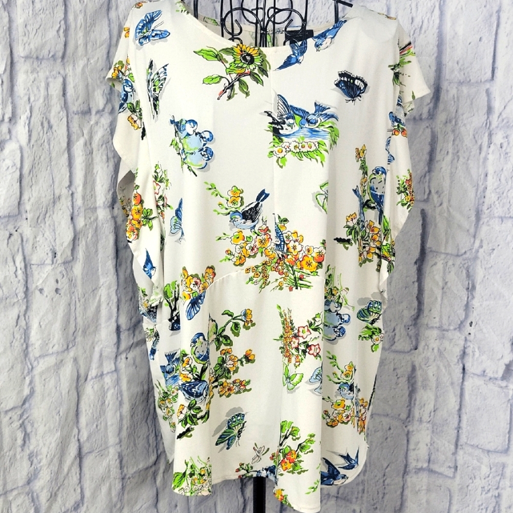 Ann Taylor Factory XL Bird Butterfly Floral‎ Print Oversized Blouse Ivory